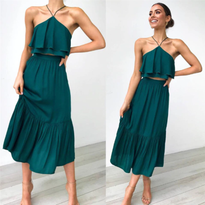 Elegant halter two piece top and skirt set - Thumbnail 3
