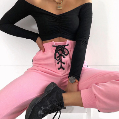 Pink lace up cotton jogger pants - Thumbnail 1