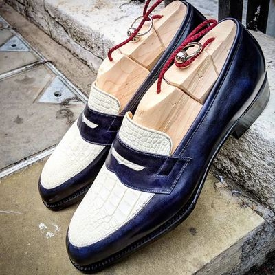 Men's handmade blue & white alligator & pebbled leather shoes, penny loafers shoes - Thumbnail 4