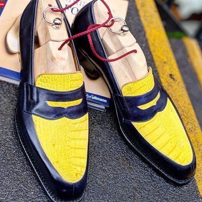Men's handmade yellow & navy blue alligator & pebbled leather shoes, penny loafers shoes - Thumbnail 3