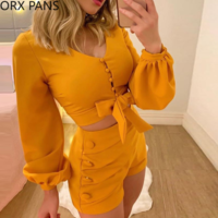 Sexy Lantern Sleeve Buttoned Top and Shorts Set - Thumbnail 2