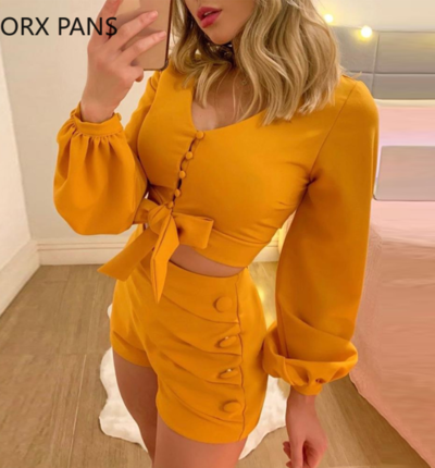 Sexy Lantern Sleeve Buttoned Top and Shorts Set