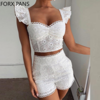 White Ruffled Lace Top and Shorts Set - Thumbnail 1