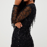 Sexy Black Round Neck Sheer Sleeve Sequin Dress - Thumbnail 1