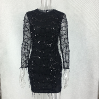 Sexy Black Round Neck Sheer Sleeve Sequin Dress - Thumbnail 3
