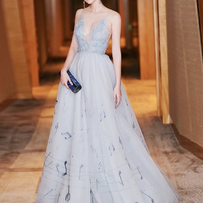 Blue v neck lace long prom dress evening dress - Thumbnail 4