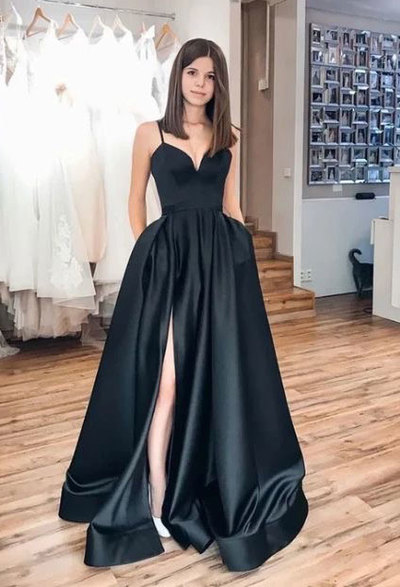 Spaghetti Straps Black Prom Dresses with Slit Side
