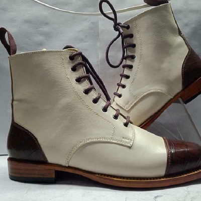 Handmade men's ankle high brown white boots, men cap toe leather lace up boots - Thumbnail 4