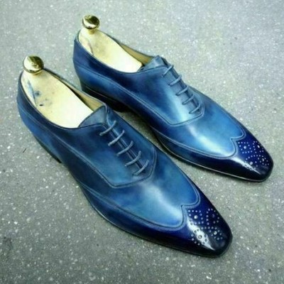 Handmade blue wing tip brogue leather lace up shoes for men's - Thumbnail 2