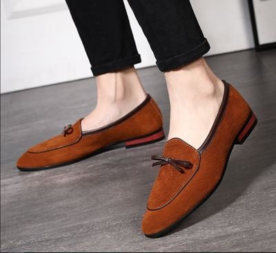 Handmade Brown Suede Tussles Loafers Shoes For Men'