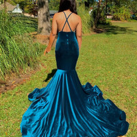 Sexy Mermaid Teal Prom Dresses,V neck Trumpet Velvet Evening/Prom Dresses - Thumbnail 1