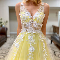 Charming A-Line Yellow tulle lace long prom dress yellow formal dress - Thumbnail 1