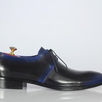 Handmade Black Blue Leather Lace Up Shoes Stylish Men's Shoes  - Thumbnail 3