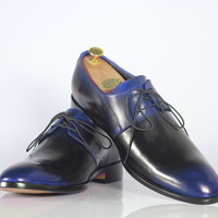 Handmade Black Blue Leather Lace Up Shoes Stylish Men's Shoes  - Thumbnail 2