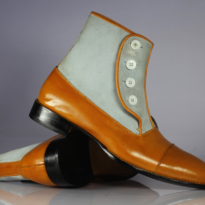 Handmade two tone button boots men ankle button boots tan leather suede boots - Thumbnail 2