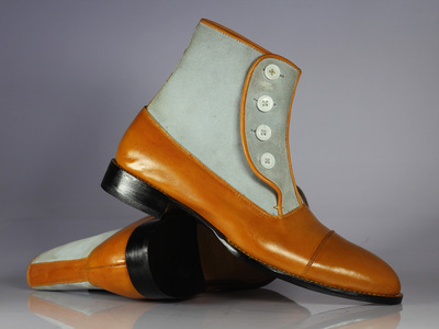 Handmade Two tone Button Boots Men Ankle Button Boots Tan Leather Suede Boots