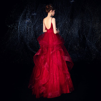 Burgundy tulle long prom dress formal dress - Thumbnail 2