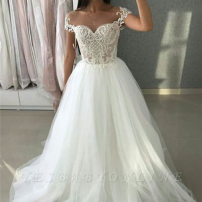 Simple a-line tulle cap-sleeves appliques wedding dress