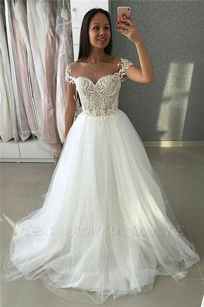 Simple A-Line Tulle Cap-Sleeves Appliques Wedding Dress
