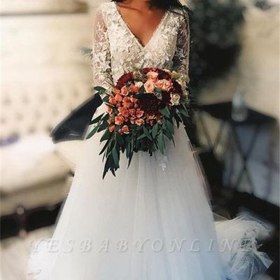Long sleeves wedding dresses for fall and winter | v-neck applique bridal gown