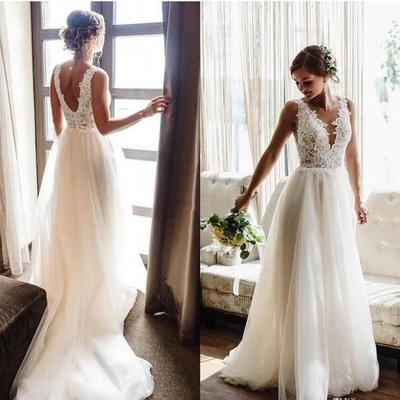 Lace top wedding dress simple design v neck sleeveless low back tulle skirt a line elegant bridal gowns boho vestido de noiva 