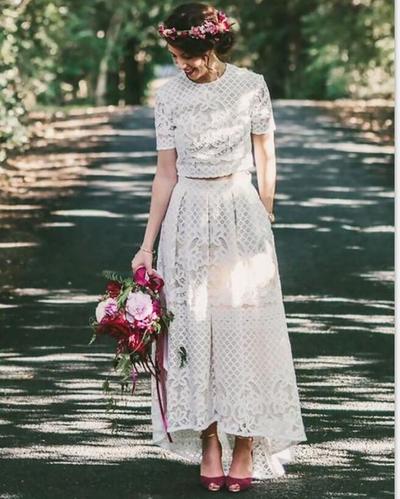 Unique Two Pieces Bohemian Short Sleeve Wedding Dresses Bridal Gowns