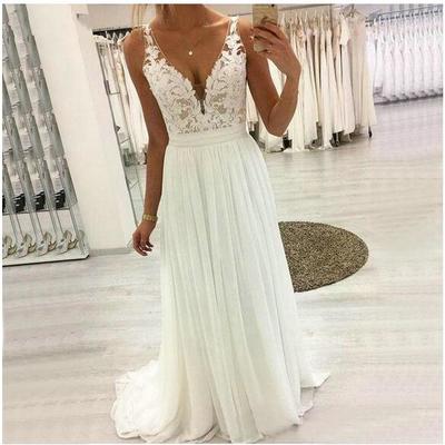 Long chiffon wedding dresses v neck sleeveless cover button back lace appliques garden beach bridal gowns vestidos de novia custom 
