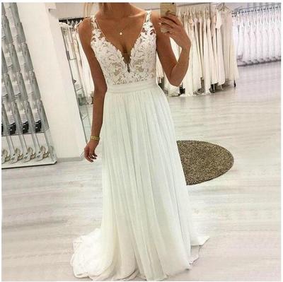 Long Chiffon Wedding Dresses V Neck Sleeveless Cover Button Back Lace Appliques Garden Beach Bridal Gowns Vestidos De Novia Custom 