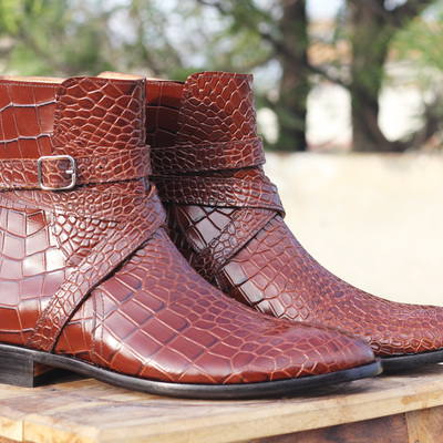 Men's brown jodhpurs alligator texture boots, men's dress boot - Thumbnail 3