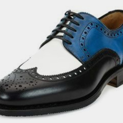 Men black white blue contrast leather oxford wingtip handmade formal shoes - Thumbnail 5