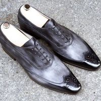 Handmade Silver Wing Tip Brogue Leather Lace Up Shoes For Men's - Thumbnail 4