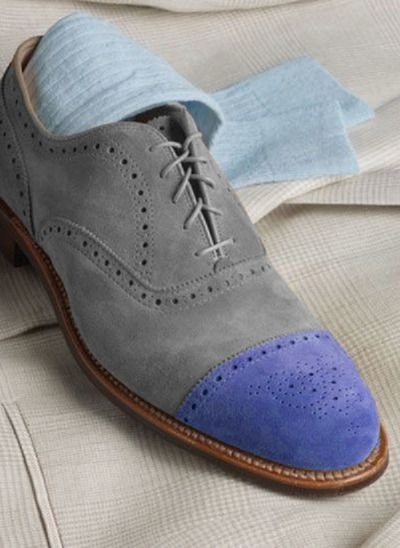 New Handmade Men Gray Cap Toe Oxford Lace Up In Suede