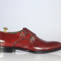 Men's Burgundy Shoes, Men's Leather Double Monk Strap Formal Shoes - Thumbnail 3
