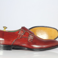 Men's Burgundy Shoes, Men's Leather Double Monk Strap Formal Shoes - Thumbnail 2