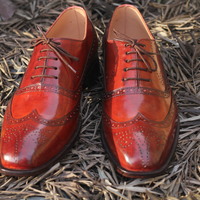 Men's Brown Shoes, Men's Leather Wing Tip Formal Shoes - Thumbnail 3