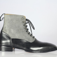 Men's Gray Black Ankle Leather Suede Lace up Boots - Thumbnail 1