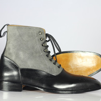 Men's Gray Black Ankle Leather Suede Lace up Boots - Thumbnail 2