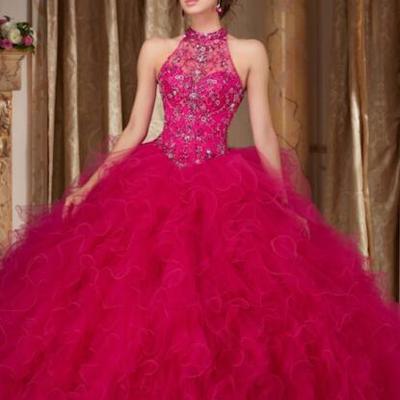 High neck fuchsia princess dresses pageant dresses prom dress - Thumbnail 5