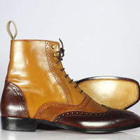 Men's 2 Tone Ankle Leather Wing Tip Lace up Boots - Thumbnail 2