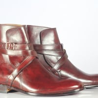 Men's Burgundy Ankle Leather Jodhpurs Formal Dress Boots - Thumbnail 1