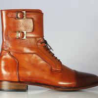 Handmade Men's Brown Color Ankle High Double Monk Lace Up Leather Cap Toe Boots - Thumbnail 2