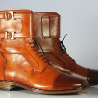 Handmade Men's Brown Color Ankle High Double Monk Lace Up Leather Cap Toe Boots - Thumbnail 1