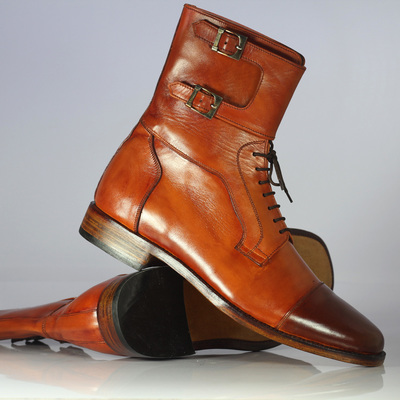 Handmade men's brown color ankle high double monk lace up leather cap toe boots - Thumbnail 2