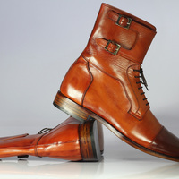 Handmade Men's Brown Color Ankle High Double Monk Lace Up Leather Cap Toe Boots - Thumbnail 3