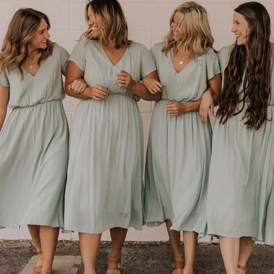 V neck tea length bridesmaid dresses for wedding party - Thumbnail 3