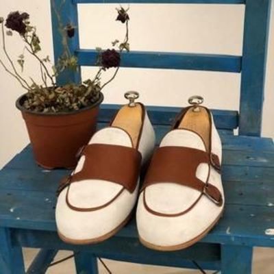 Handmade elegant oxford white brown double monk captoe strap shoes