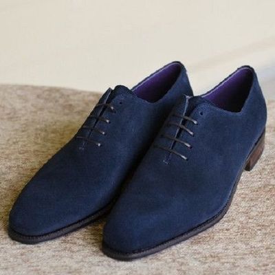 Decent formally navy blue suede handmade lace up shoes - Thumbnail 2