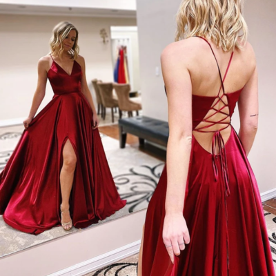  open back v neck burgundy long prom dresses,formal evening dresses - Thumbnail 4