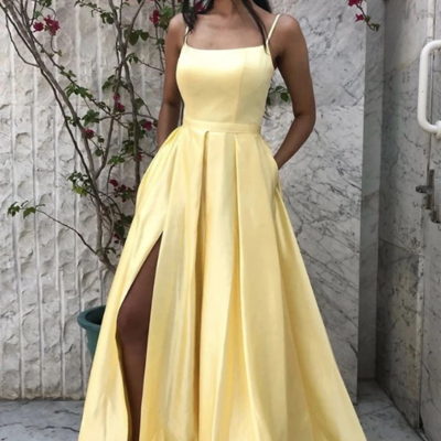 Spaghetti straps a line yellow prom dresses, sexy evening dresses - Thumbnail 3