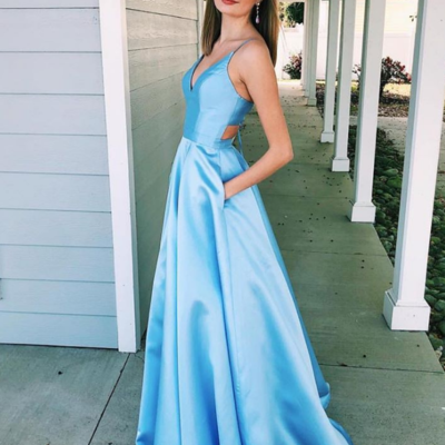 Princess v-neck long blue prom dress with pockets  - Thumbnail 4